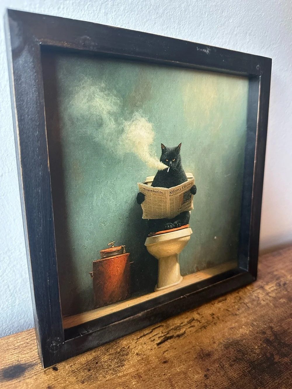 Framed Black Cat on Toilet Smoking Wooden Art Home Decor Green Background NWT